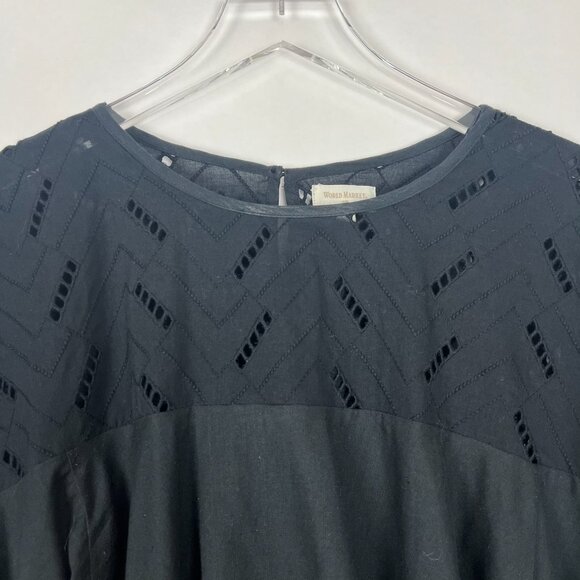 World Market Layla Blouse Womens One Size Black Windowpane Eyelet Peasant Top - Picture 2 of 14